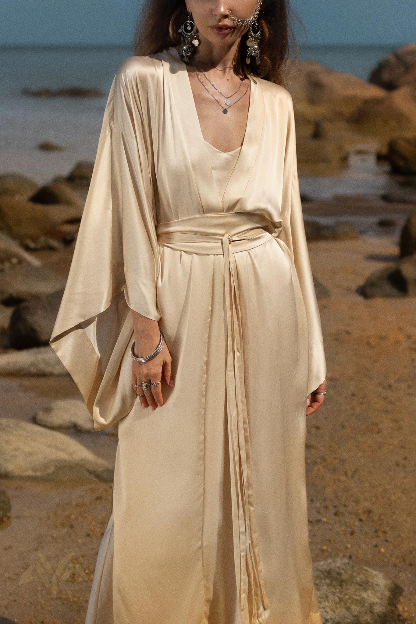 Cream Silk Kimono Cover Up • Wide Sleeve Bohemian Cardigan - AYA SW IDR