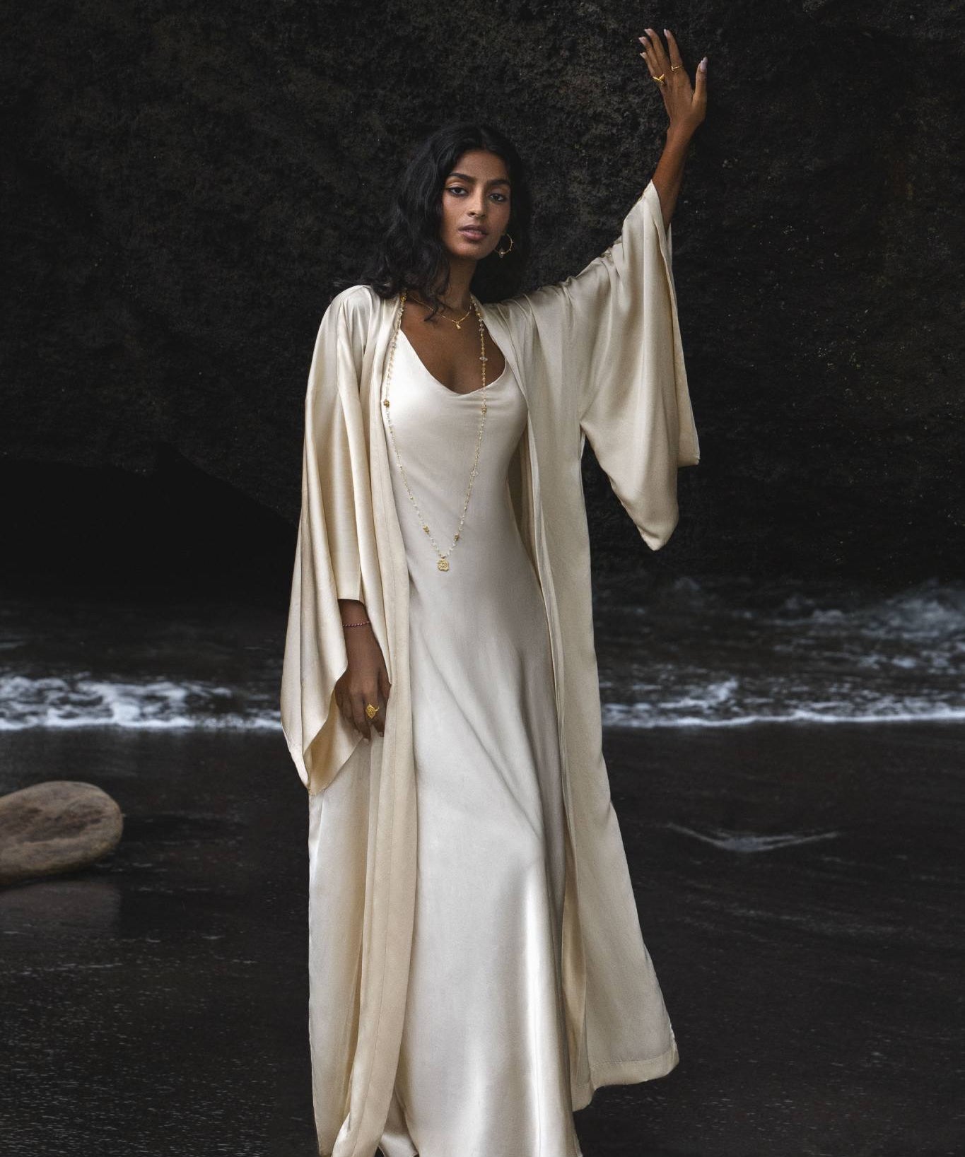 Cream Silk Kimono Cover Up • Wide Sleeve Bohemian Cardigan - AYA SW IDR