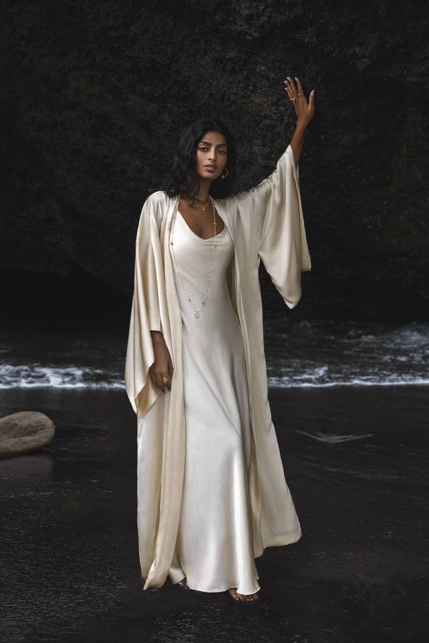 Cream Silk Kimono Cover Up • Wide Sleeve Bohemian Cardigan - AYA SW IDR