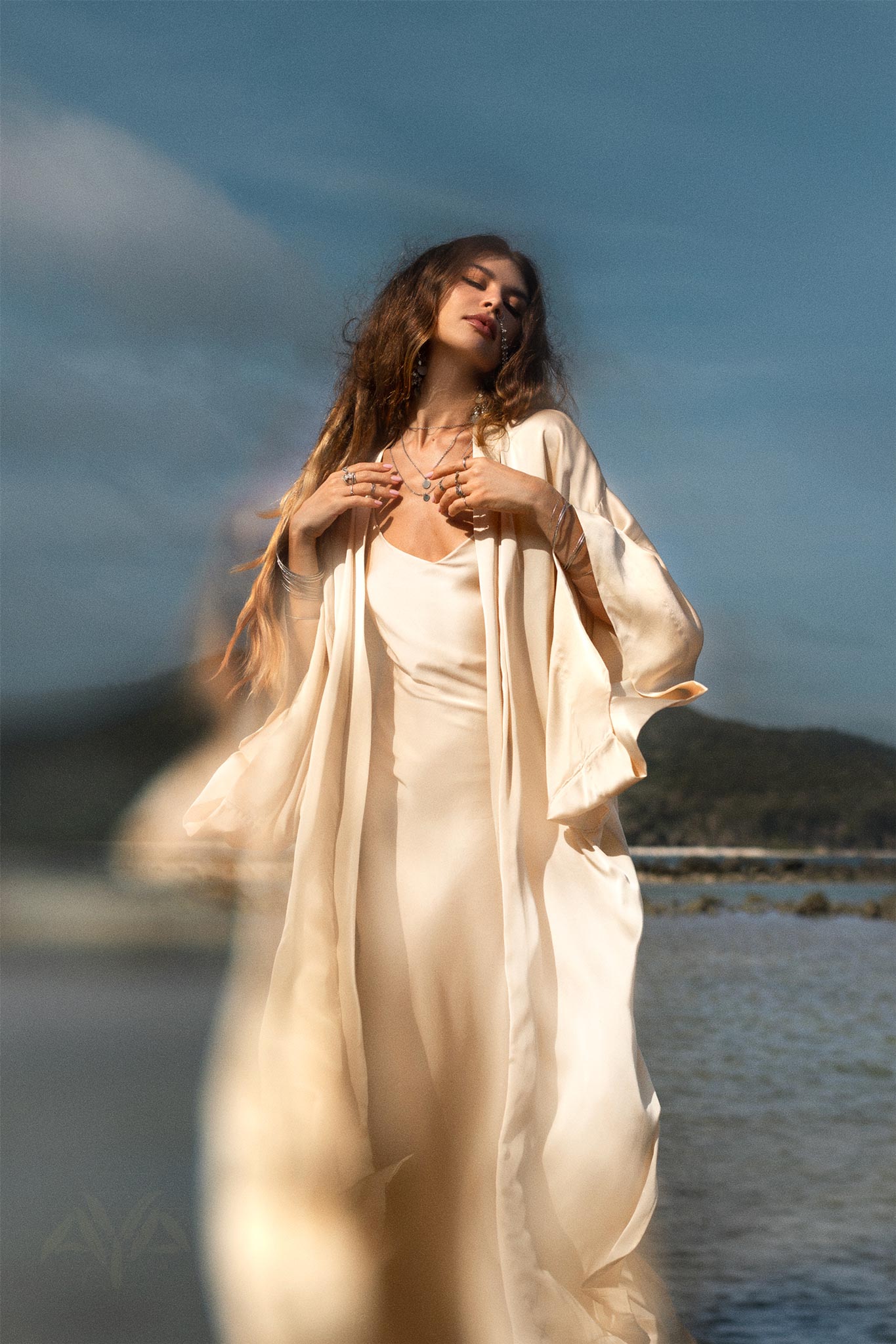 Cream Silk Kimono Cover Up • Wide Sleeve Bohemian Cardigan - AYA SW IDR
