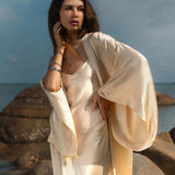 Cream Silk Kimono Cover Up • Wide Sleeve Bohemian Cardigan - AYA SW IDR