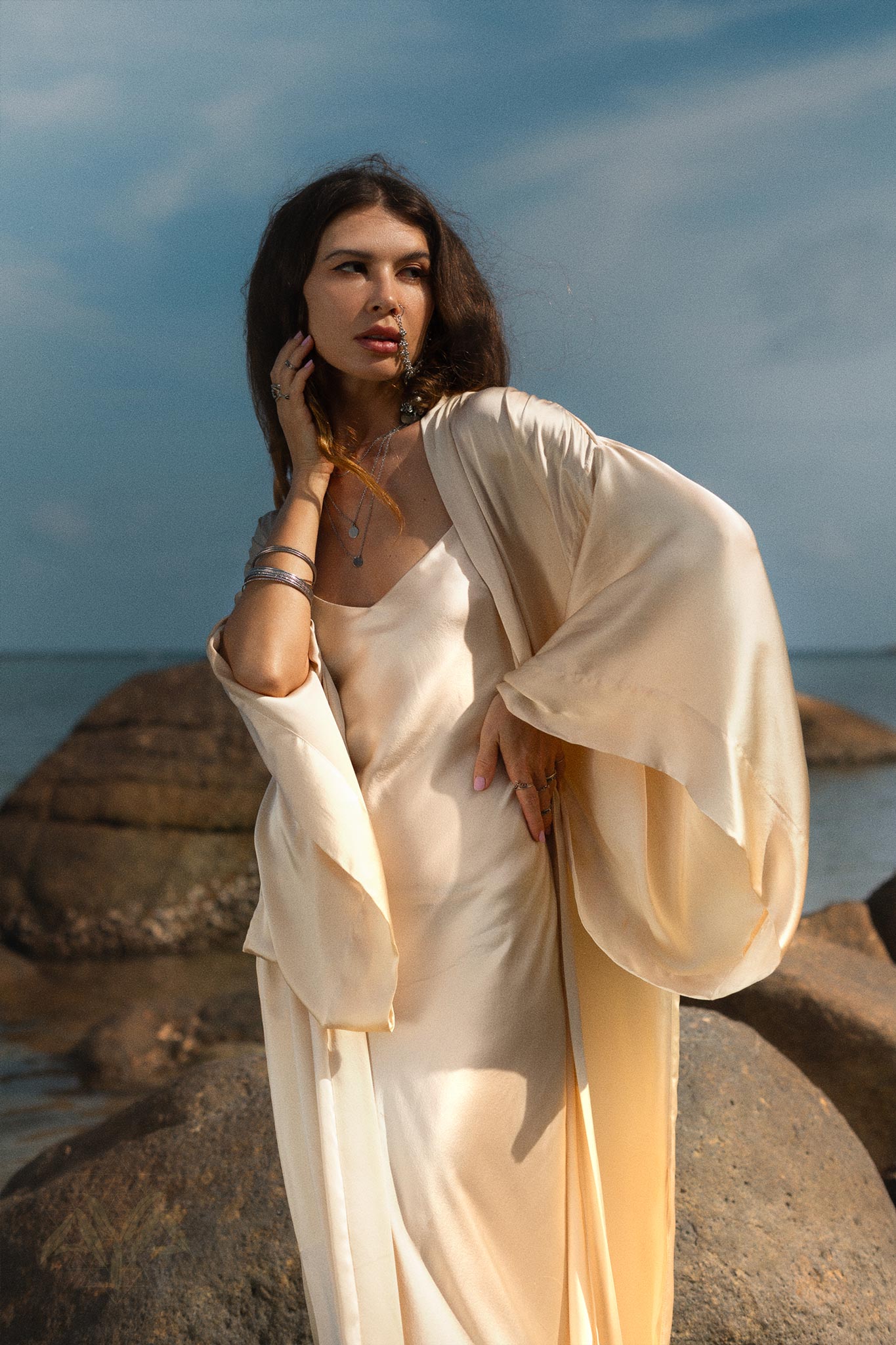 Cream Silk Kimono Cover Up • Wide Sleeve Bohemian Cardigan - AYA SW IDR