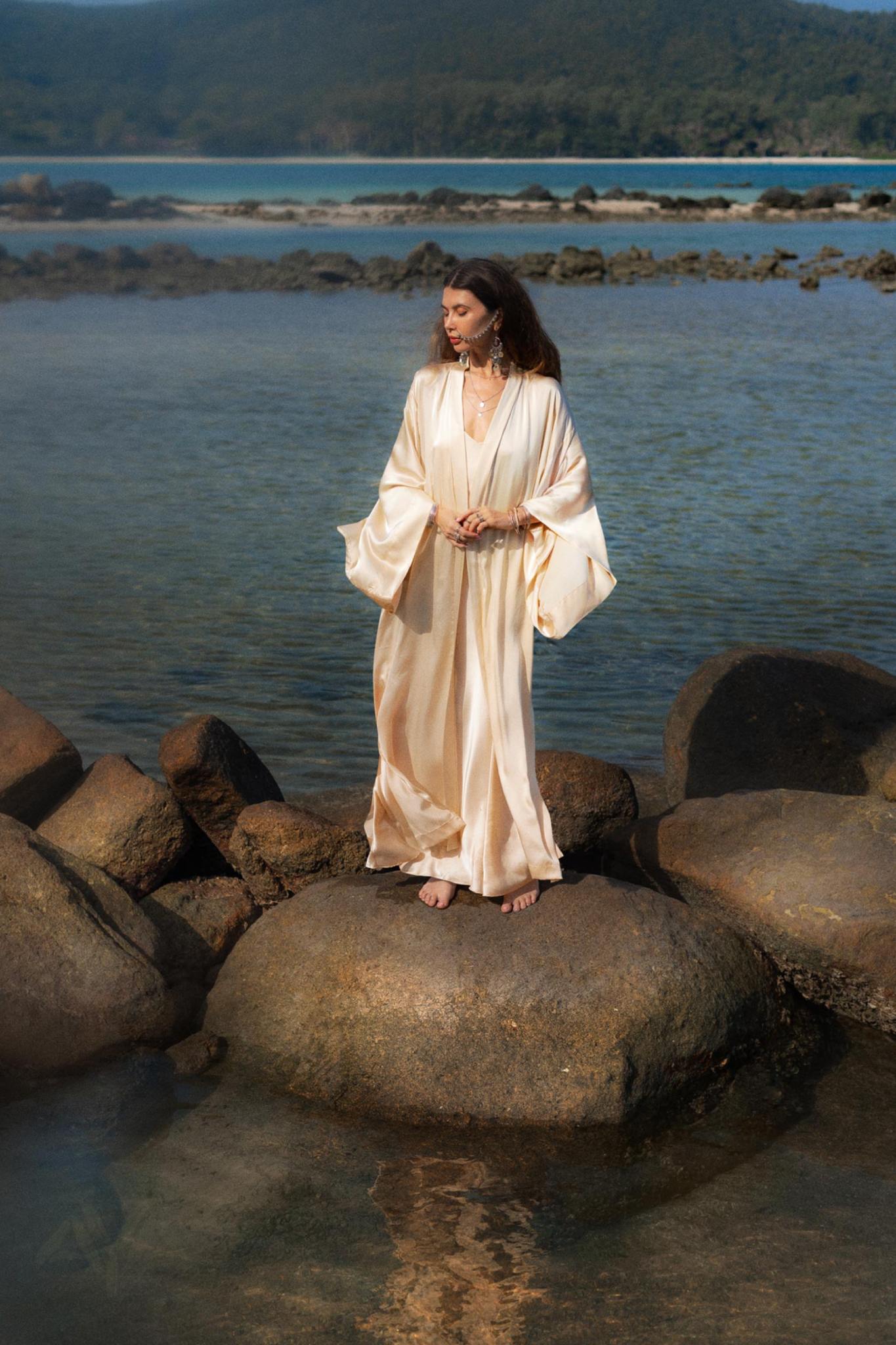 Cream Silk Kimono Cover Up • Wide Sleeve Bohemian Cardigan - AYA SW IDR