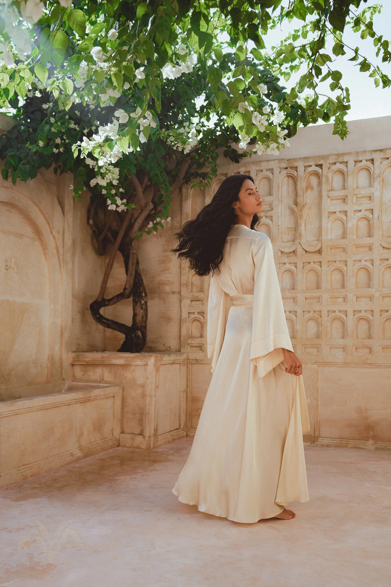 Cream Venus Peace Silk Blouse • Elegant Goddess Sleeves Crop Top • Kimono Blouse - AYA SW IDR