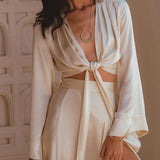 Cream Venus Peace Silk Blouse • Elegant Goddess Sleeves Crop Top • Kimono Blouse - AYA SW IDR