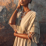 Creamy Sage Boho Dress • Plus Size Dress for Women • Kaftan Maxi Dress - AYA SW IDR