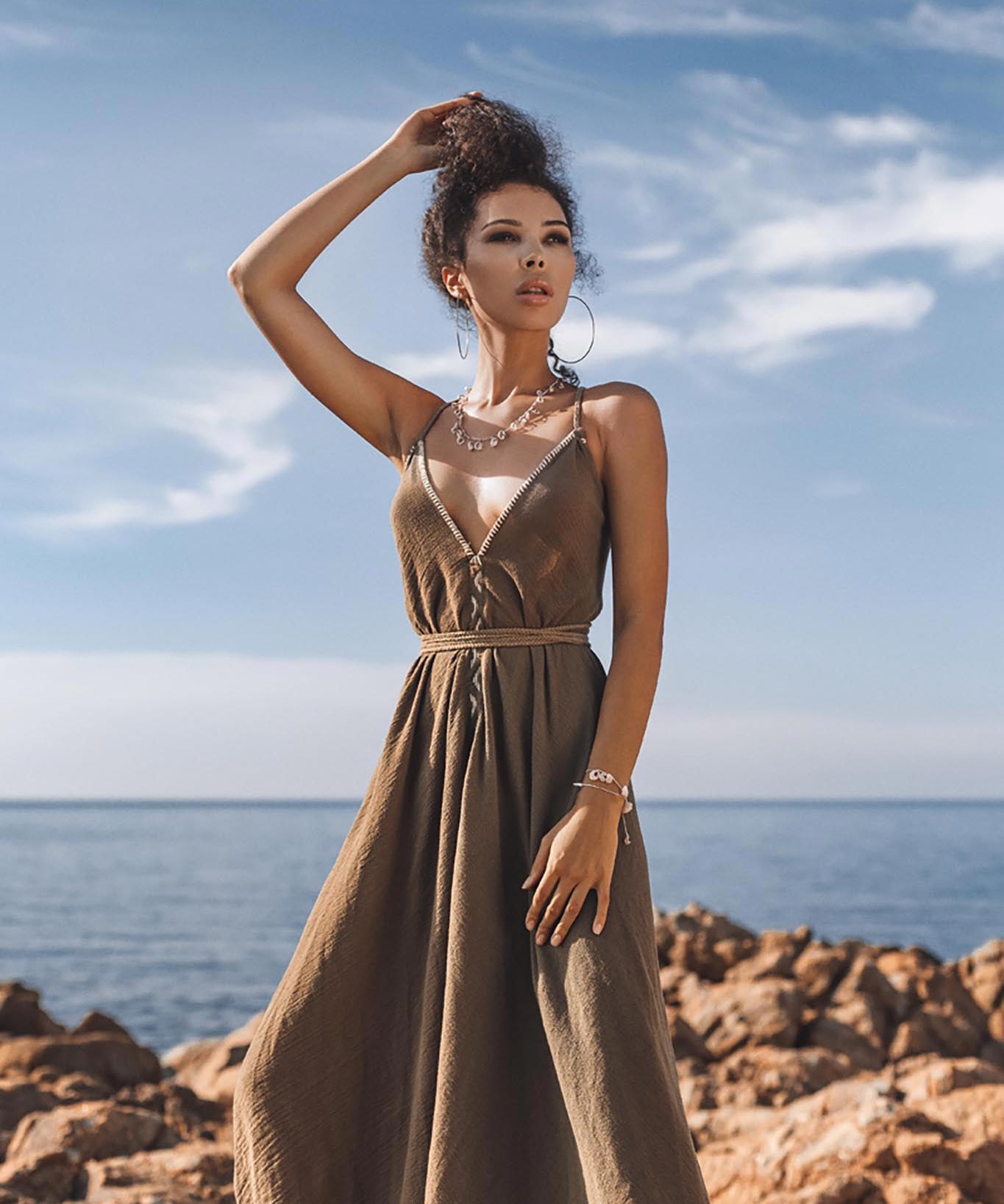 Dark Green Cotton Maxi Dress • Sleeveless Hand Embroidered Dress - AYA SW IDR