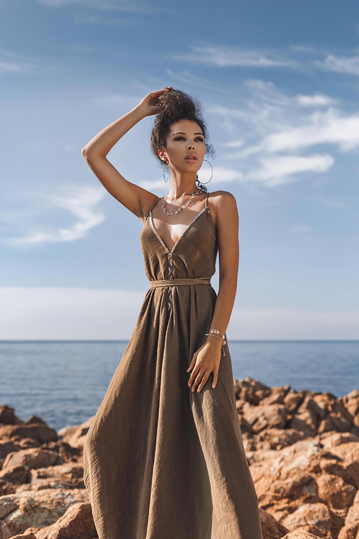Dark Green Cotton Maxi Dress • Sleeveless Hand Embroidered Dress - AYA SW IDR
