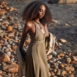 Dark Green Greek Goddess Dress • Bohemian Braided Dress • Open Back Dress - AYA SW IDR