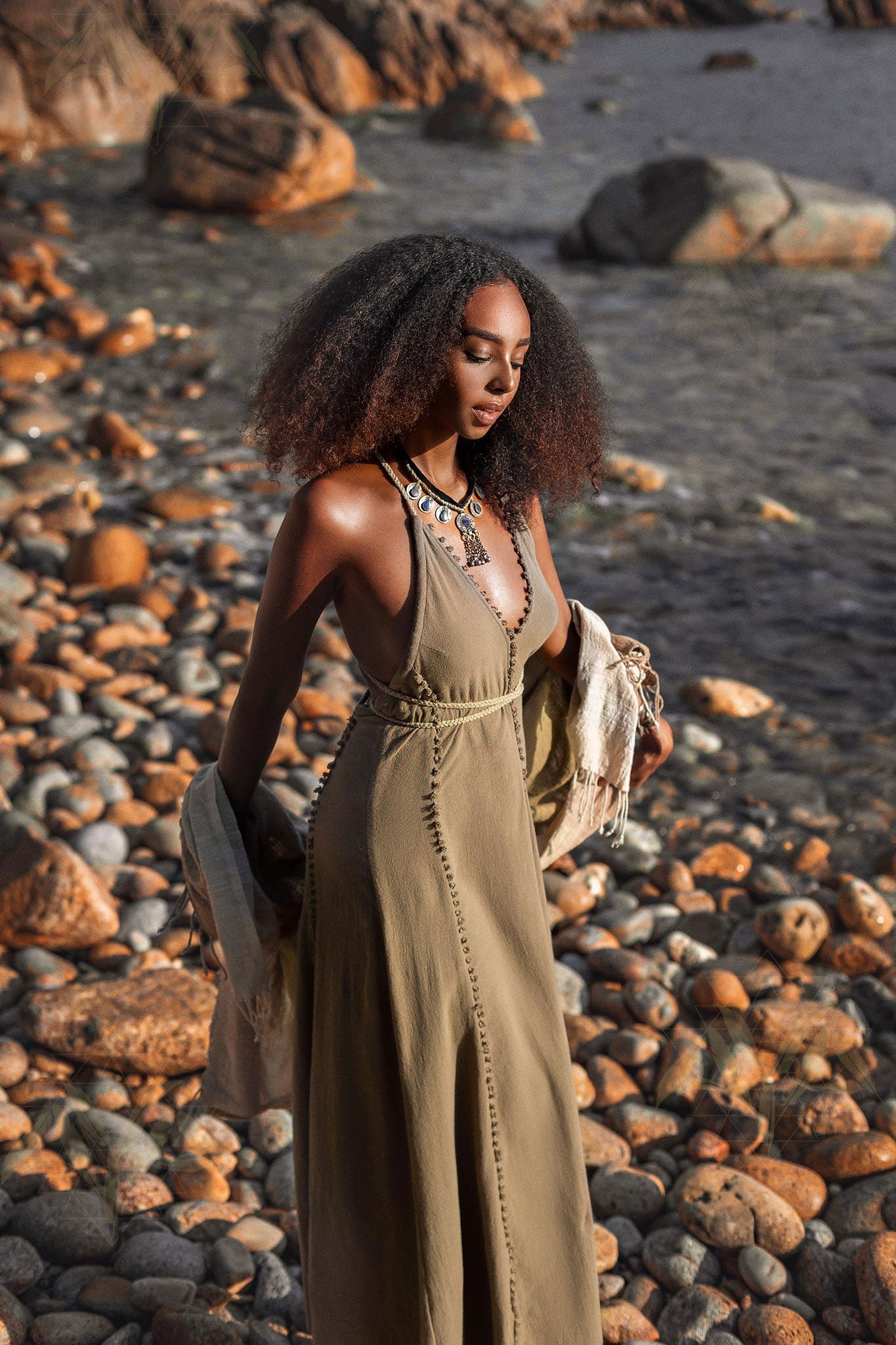 Dark Green Greek Goddess Dress • Bohemian Braided Dress • Open Back Dress - AYA SW IDR