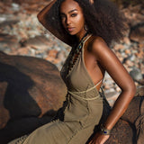 Dark Green Greek Goddess Dress • Bohemian Braided Dress • Open Back Dress - AYA SW IDR
