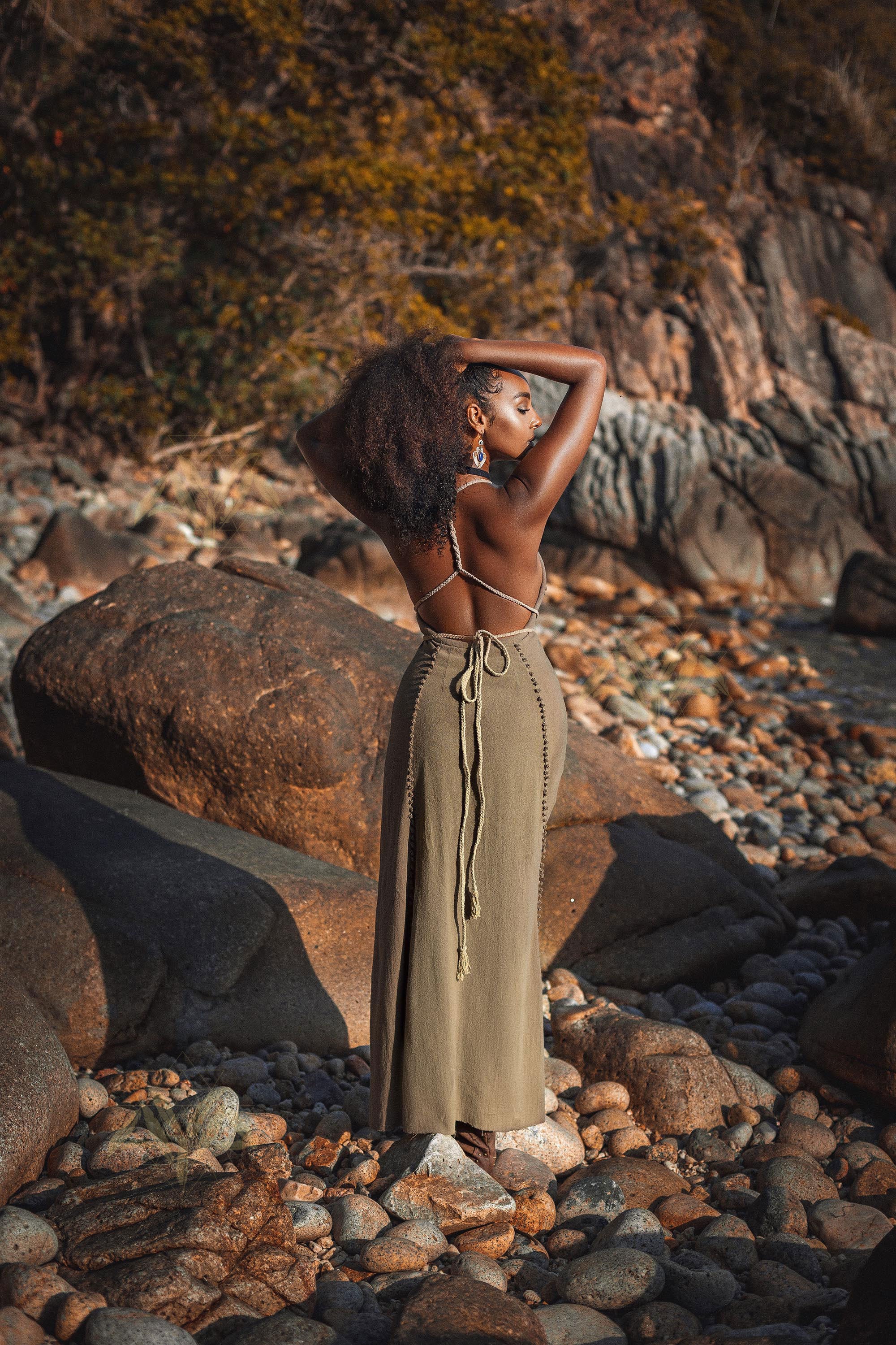 Dark Green Greek Goddess Dress • Bohemian Braided Dress • Open Back Dress - AYA SW IDR