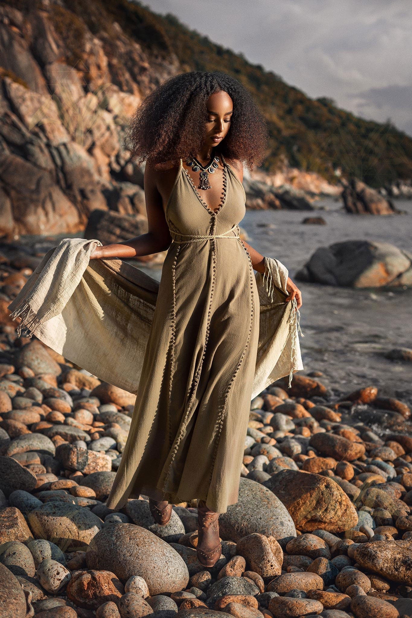 Dark Green Greek Goddess Dress • Bohemian Braided Dress • Open Back Dress - AYA SW IDR