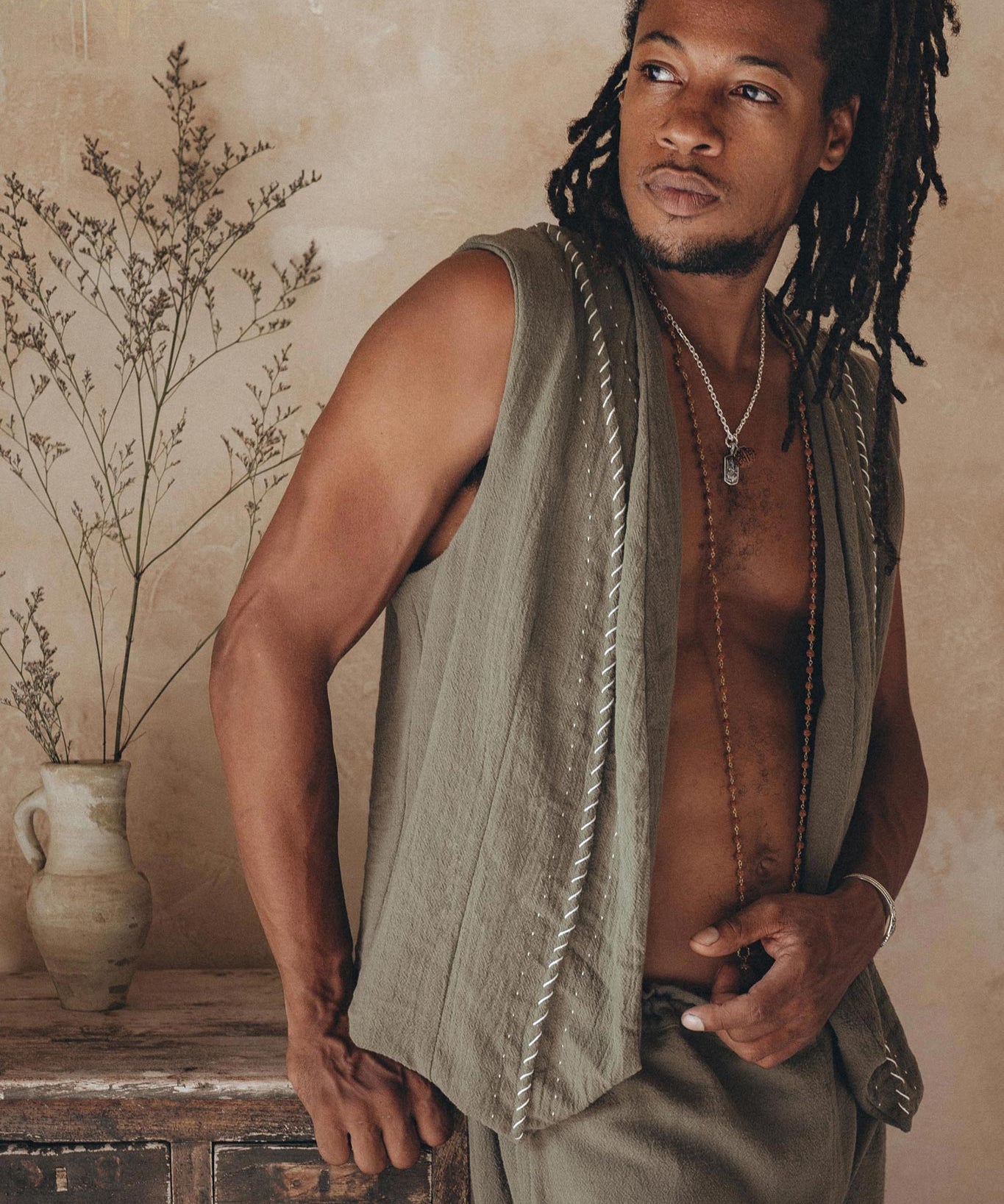 Dark Green Hand Embroidered Vest for Men - AYA SW IDR
