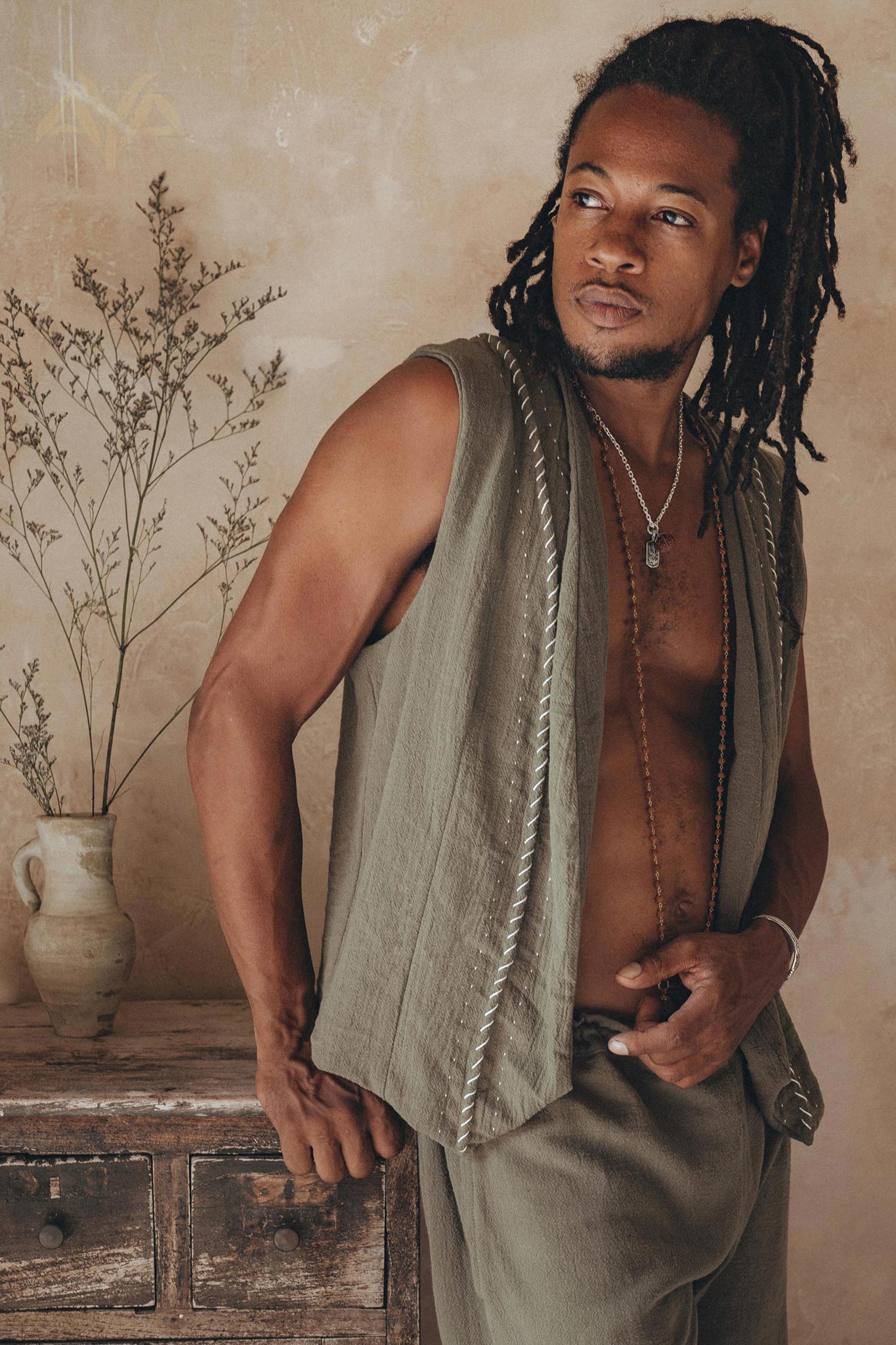 Dark Green Hand Embroidered Vest for Men - AYA SW IDR