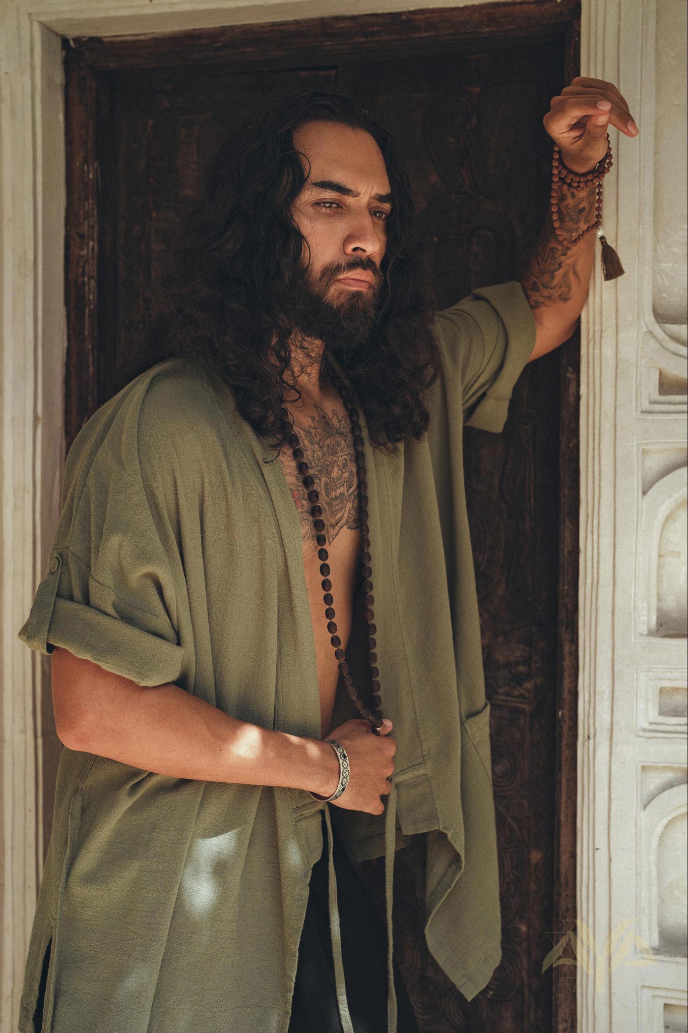 Sage Green Tribal Kimono Robe for Men by AYA Sacred Wear