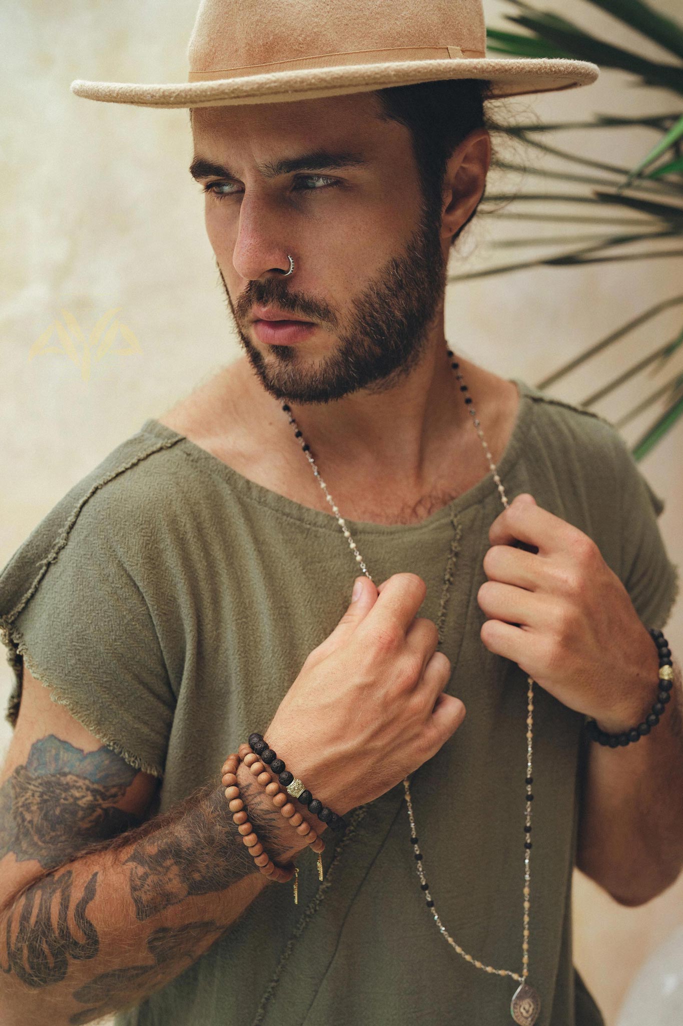 Dark Green Raw Edge Thick Cotton Top Tee for Men - AYA SW IDR