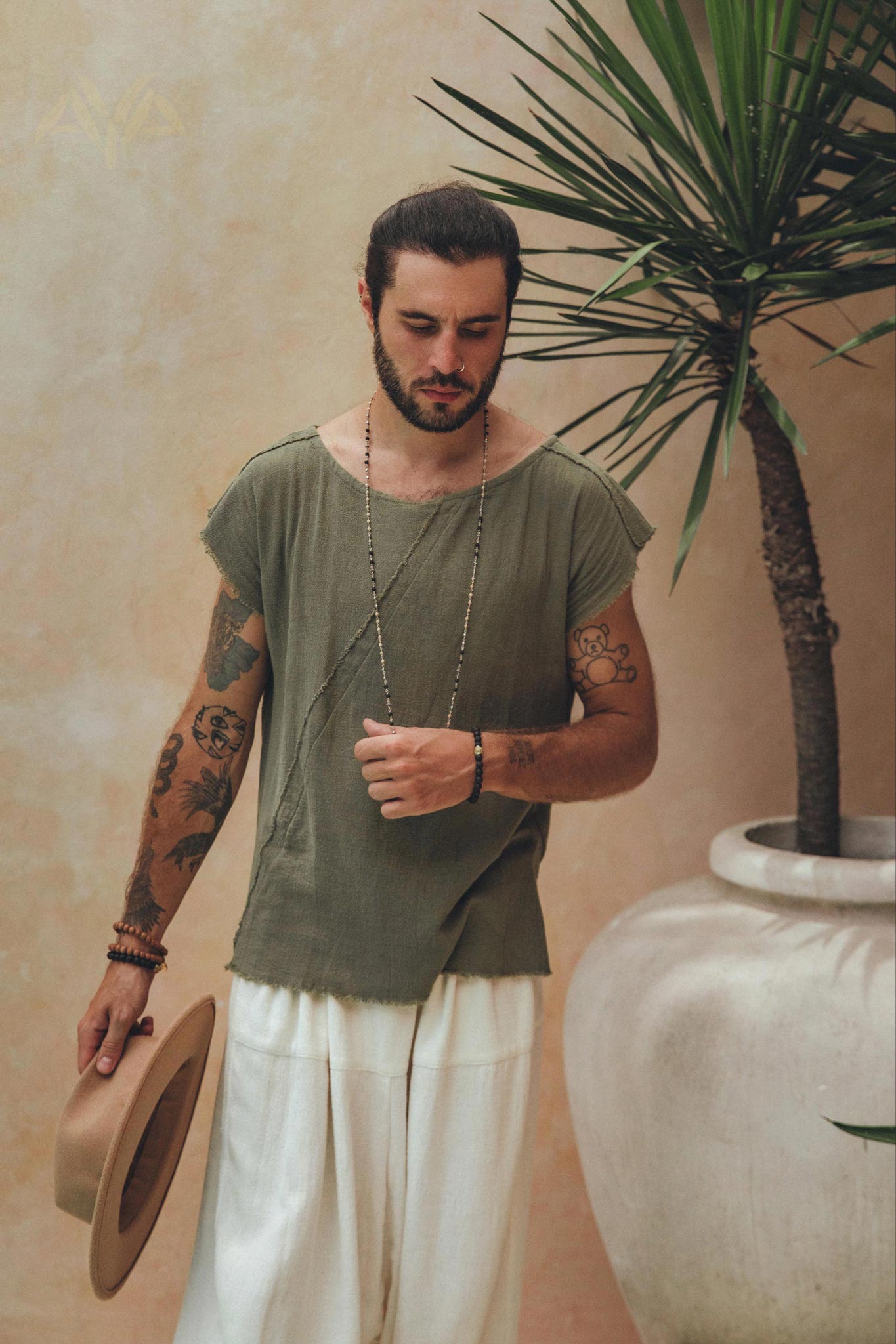 Dark Green Raw Edge Thick Cotton Top Tee for Men - AYA SW IDR