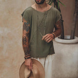 Dark Green Raw Edge Thick Cotton Top Tee for Men - AYA SW IDR