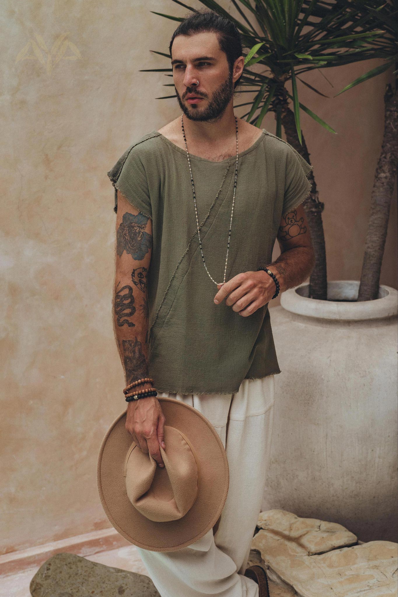 Dark Green Raw Edge Thick Cotton Top Tee for Men - AYA SW IDR