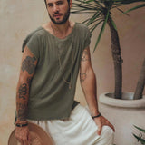 Dark Green Raw Edge Thick Cotton Top Tee for Men - AYA SW IDR