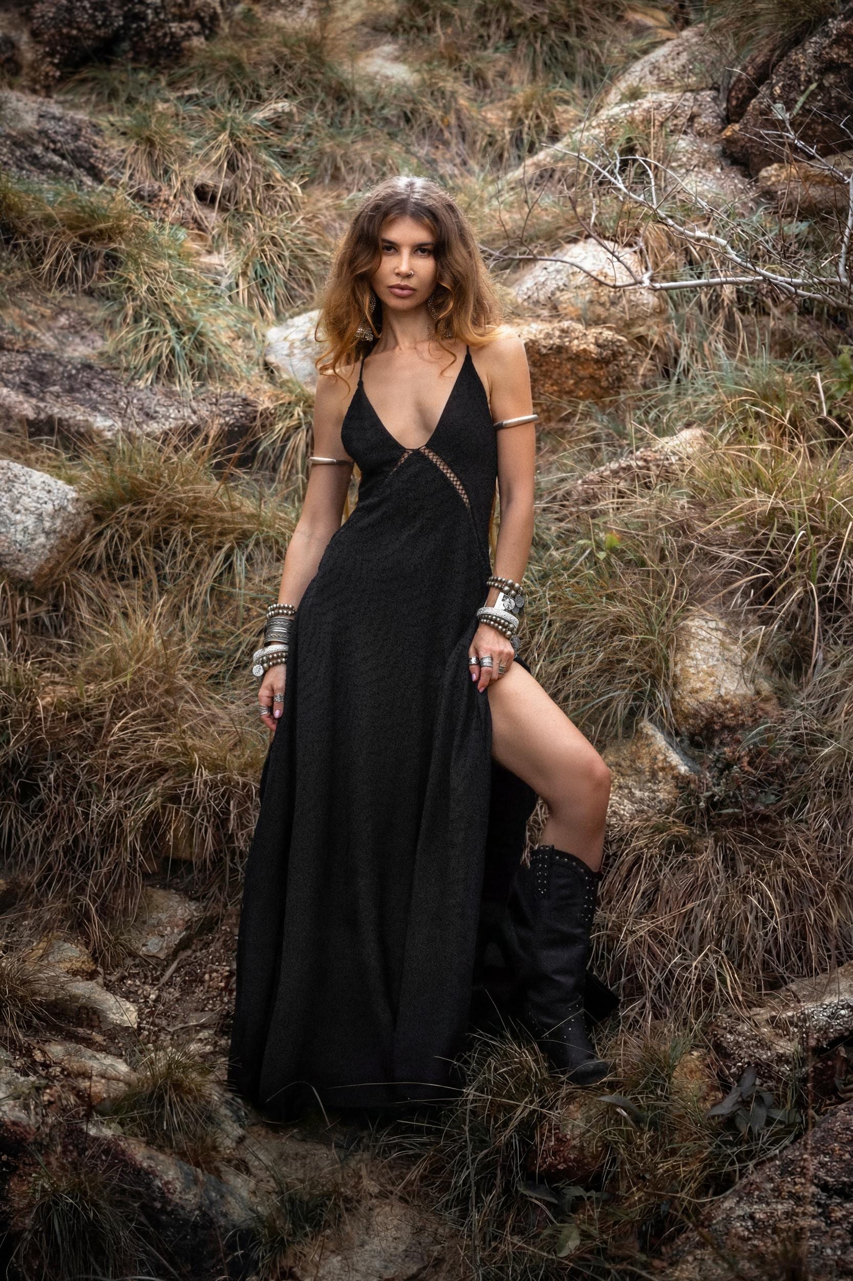 Dhara Loom Black Boho Maxi Dress, Handwoven Cotton Festival Gown, Sustainable Bali Goddess Ceremony Resort Wear - AYA SW IDR