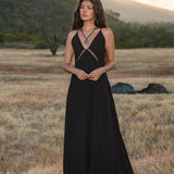 Dhara Loom Black Boho Maxi Dress, Handwoven Cotton Festival Gown, Sustainable Bali Goddess Ceremony Resort Wear - AYA SW IDR