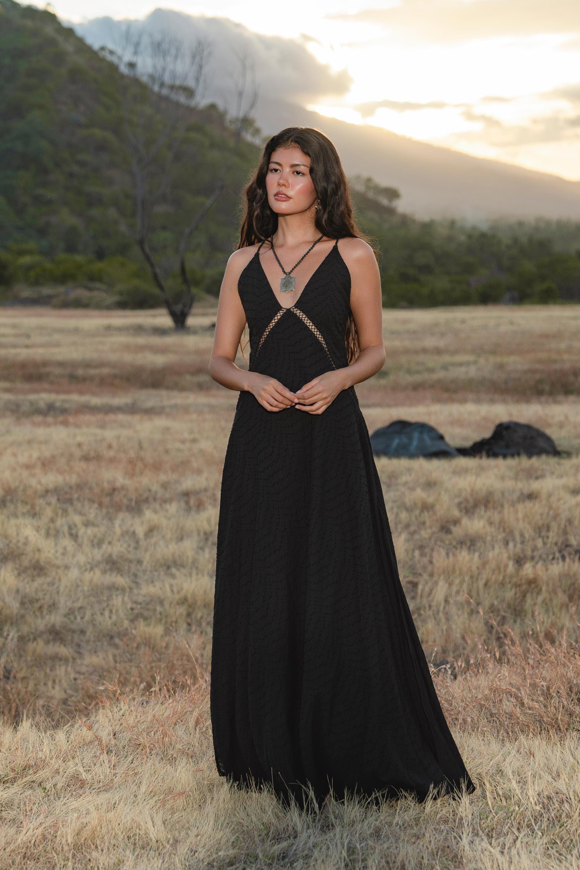Dhara Loom Black Boho Maxi Dress, Handwoven Cotton Festival Gown, Sustainable Bali Goddess Ceremony Resort Wear - AYA SW IDR