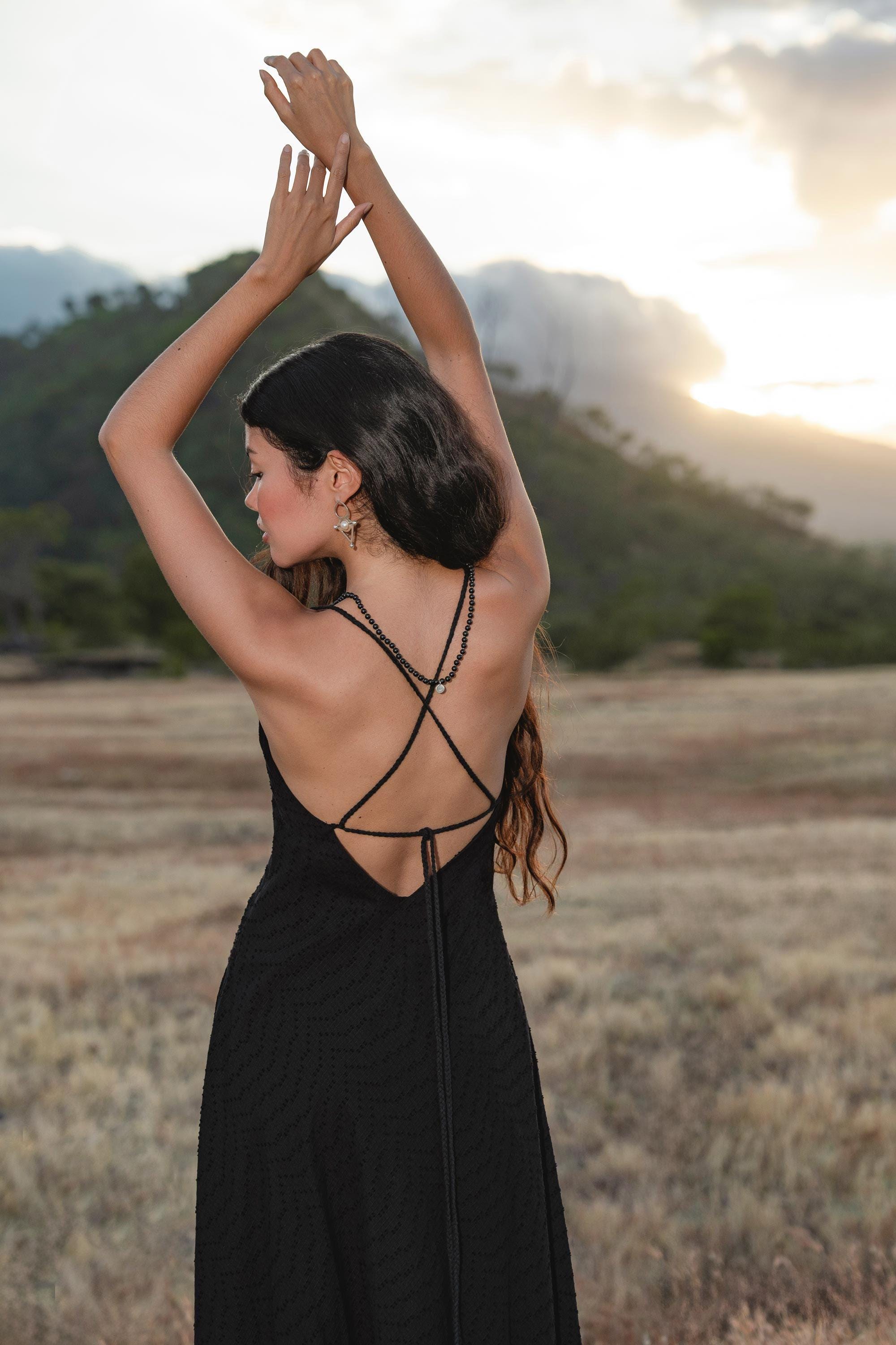 Dhara Loom Black Boho Maxi Dress, Handwoven Cotton Festival Gown, Sustainable Bali Goddess Ceremony Resort Wear - AYA SW IDR