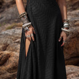 Dhara Loom Black Boho Maxi Dress, Handwoven Cotton Festival Gown, Sustainable Bali Goddess Ceremony Resort Wear - AYA SW IDR
