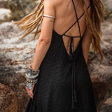 Dhara Loom Black Boho Maxi Dress, Handwoven Cotton Festival Gown, Sustainable Bali Goddess Ceremony Resort Wear - AYA SW IDR