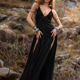Dhara Loom Black Boho Maxi Dress, Handwoven Cotton Festival Gown, Sustainable Bali Goddess Ceremony Resort Wear - AYA SW IDR