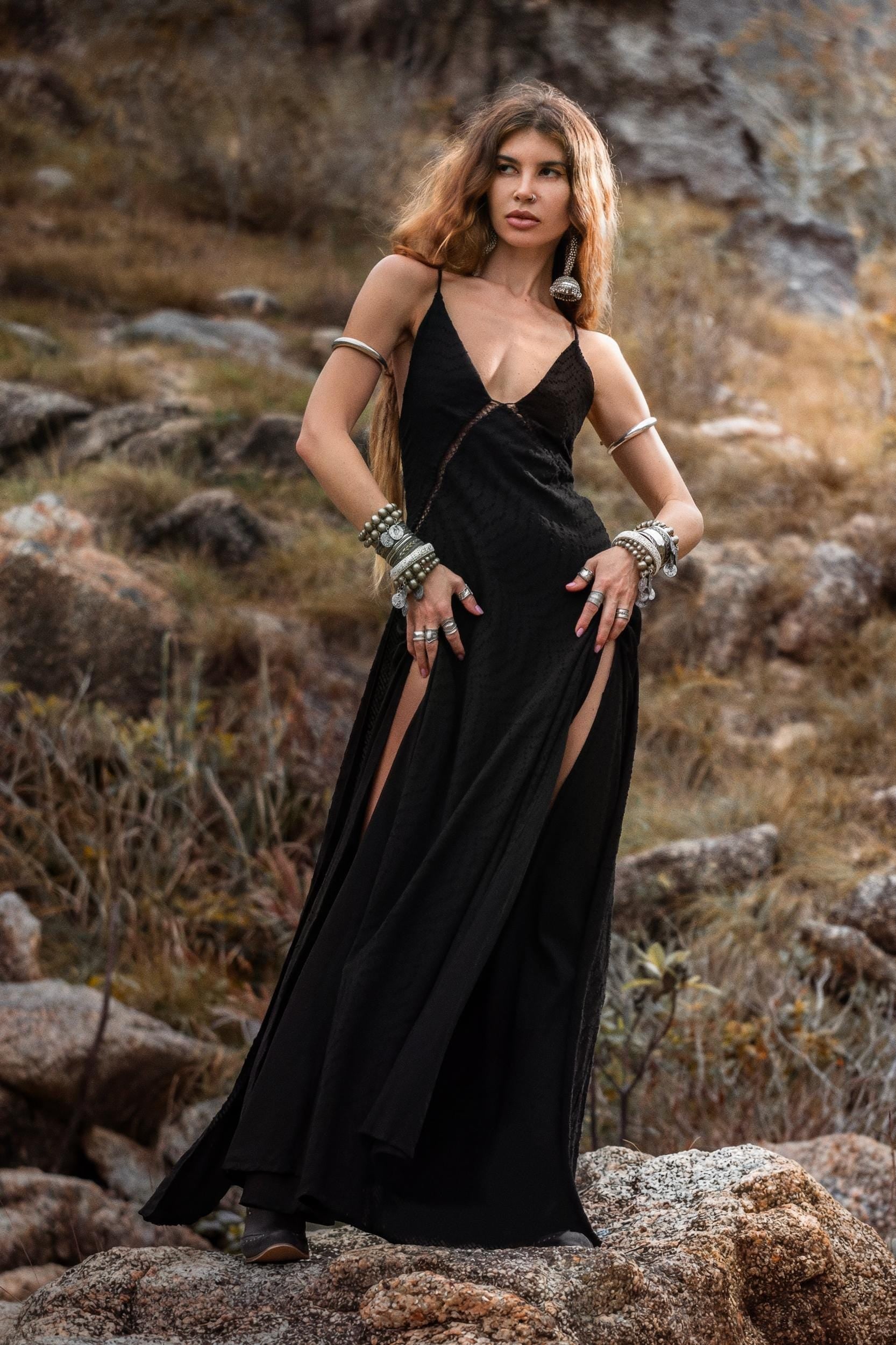 Dhara Loom Black Boho Maxi Dress, Handwoven Cotton Festival Gown, Sustainable Bali Goddess Ceremony Resort Wear - AYA SW IDR