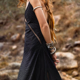 Dhara Loom Black Boho Maxi Dress, Handwoven Cotton Festival Gown, Sustainable Bali Goddess Ceremony Resort Wear - AYA SW IDR