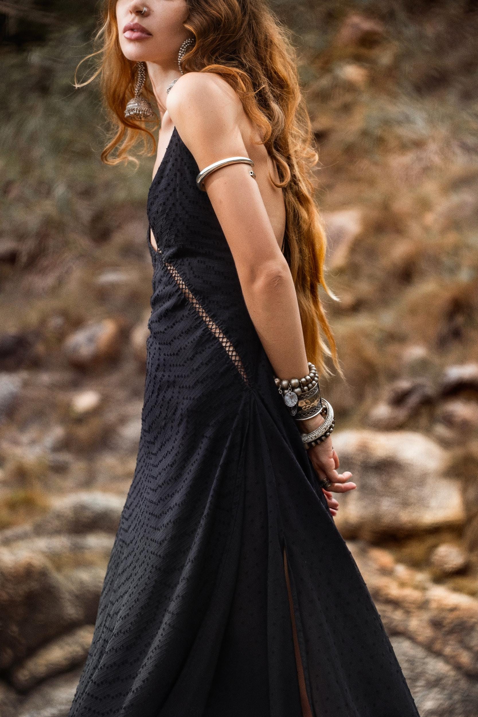 Dhara Loom Black Boho Maxi Dress, Handwoven Cotton Festival Gown, Sustainable Bali Goddess Ceremony Resort Wear - AYA SW IDR
