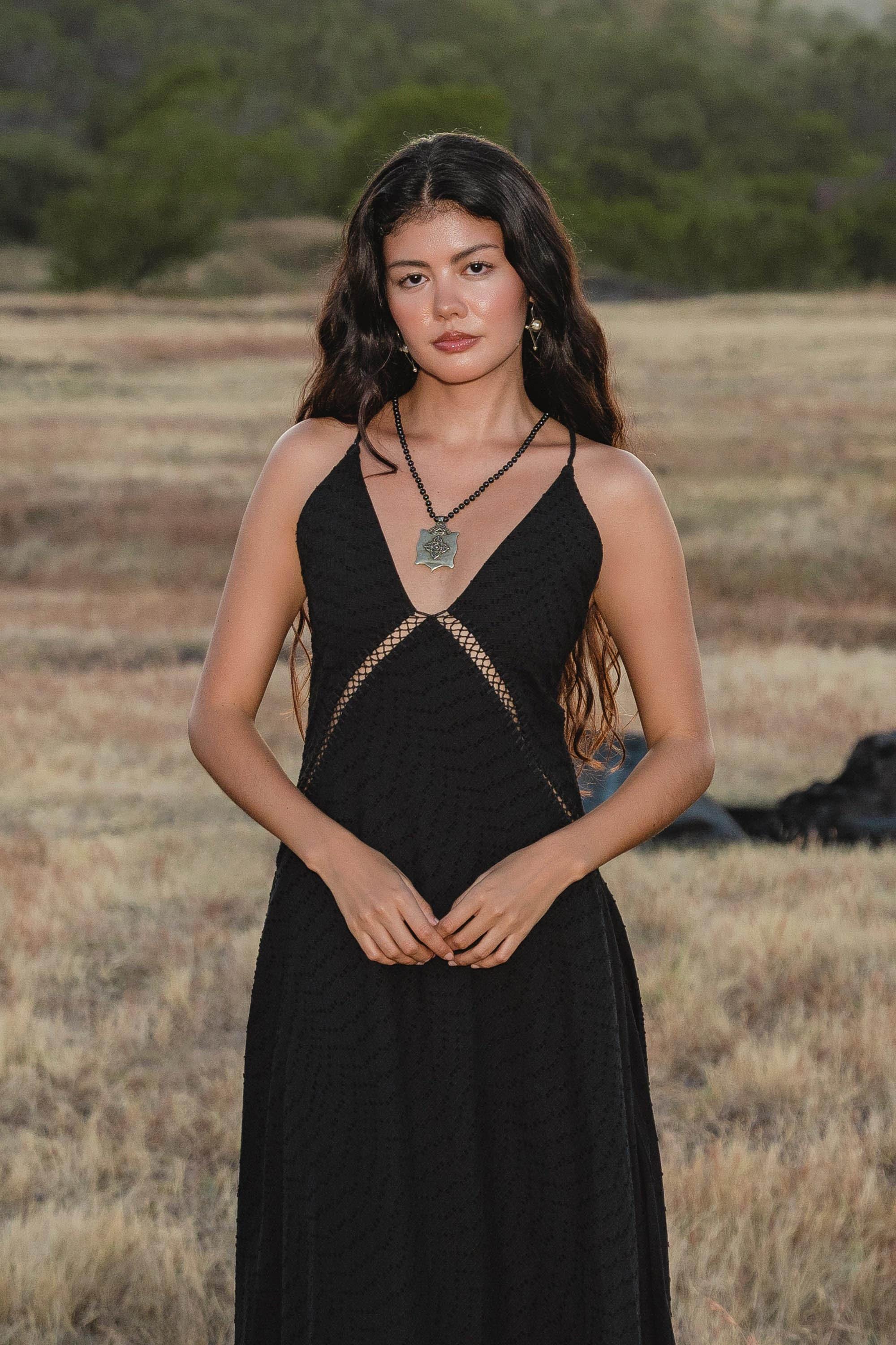 Dhara Loom Black Boho Maxi Dress, Handwoven Cotton Festival Gown, Sustainable Bali Goddess Ceremony Resort Wear - AYA SW IDR