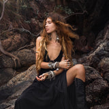 Dhara Loom Black Boho Maxi Dress, Handwoven Cotton Festival Gown, Sustainable Bali Goddess Ceremony Resort Wear - AYA SW IDR