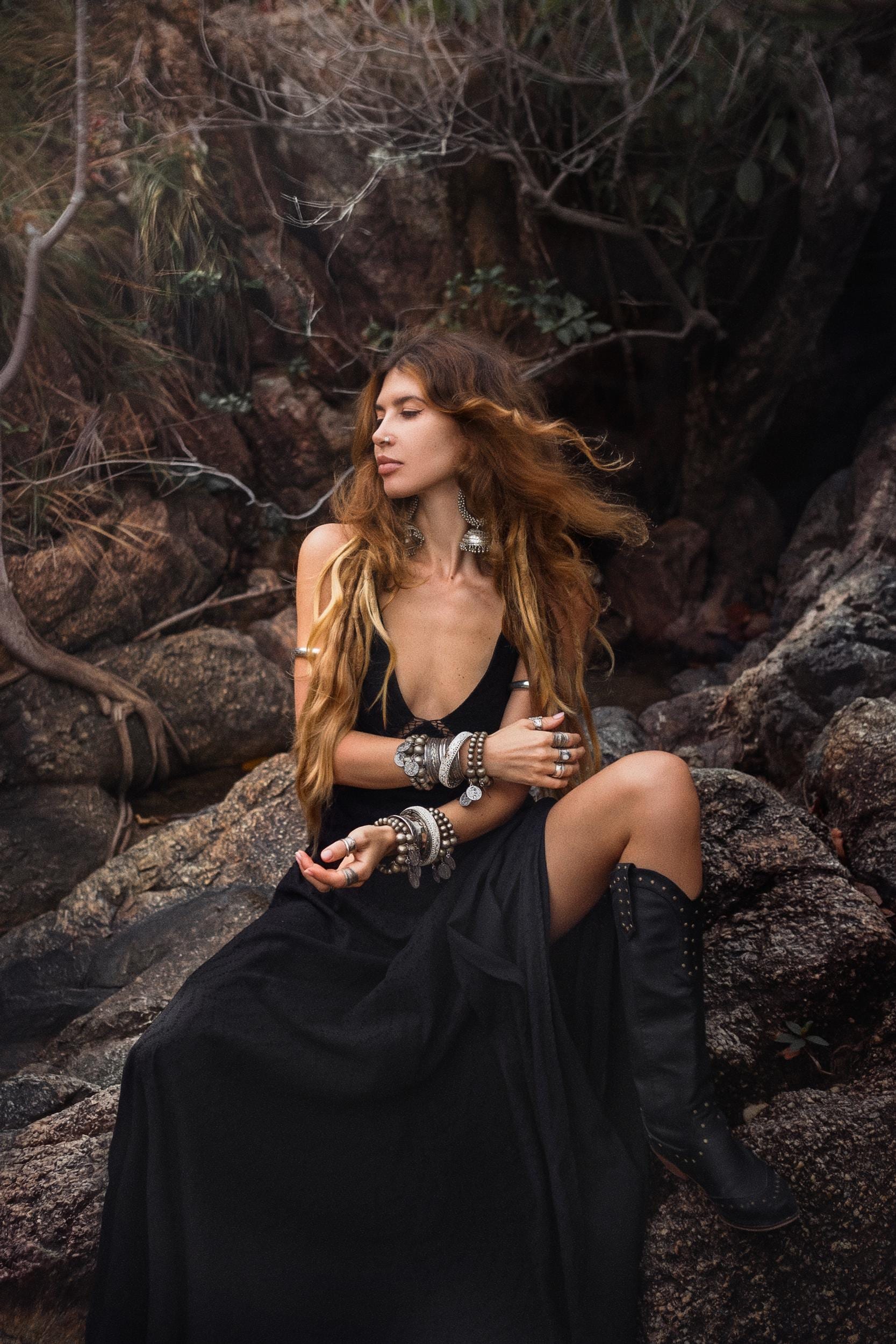 Dhara Loom Black Boho Maxi Dress, Handwoven Cotton Festival Gown, Sustainable Bali Goddess Ceremony Resort Wear - AYA SW IDR