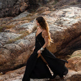 Dhara Loom Black Boho Maxi Dress, Handwoven Cotton Festival Gown, Sustainable Bali Goddess Ceremony Resort Wear - AYA SW IDR