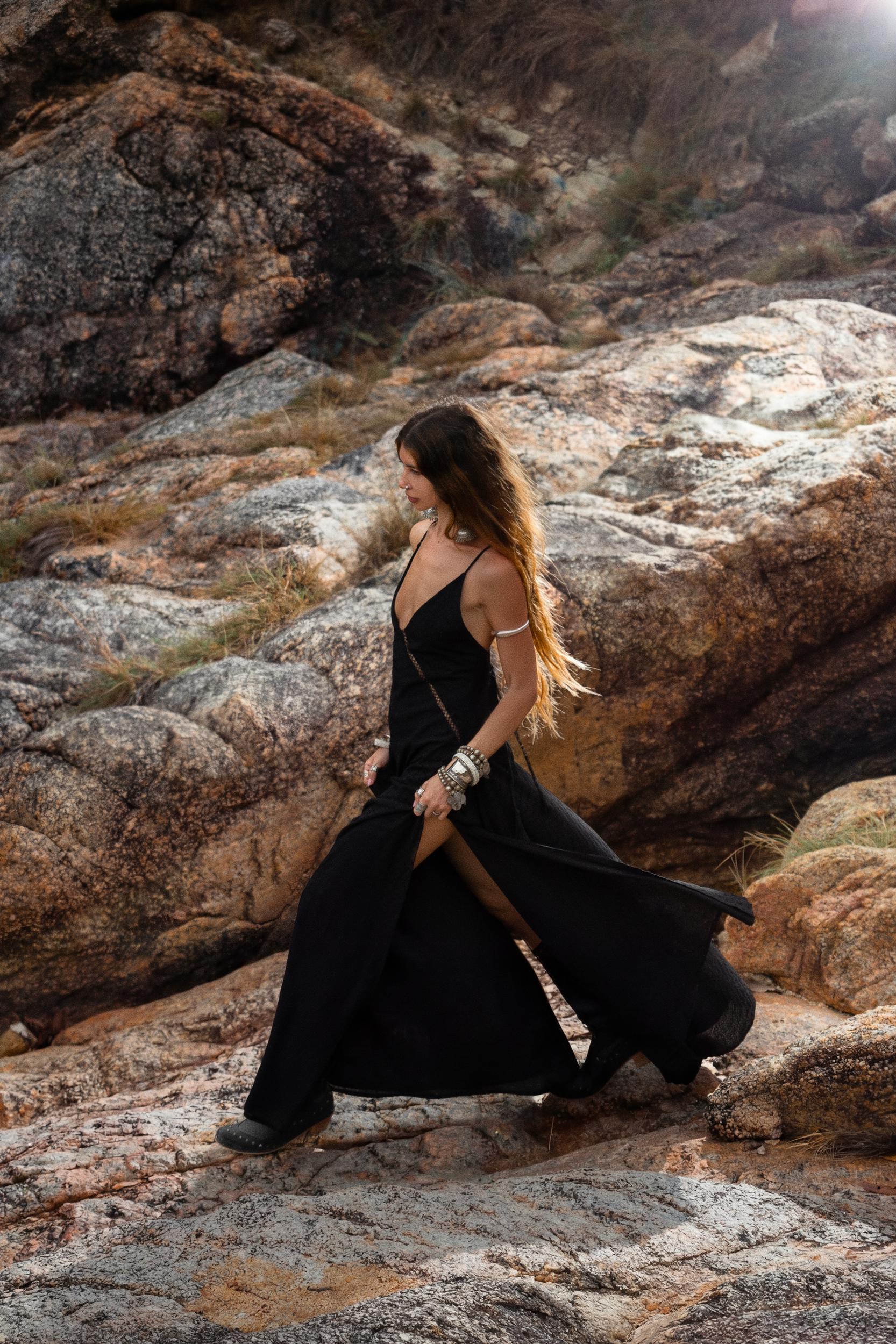 Dhara Loom Black Boho Maxi Dress, Handwoven Cotton Festival Gown, Sustainable Bali Goddess Ceremony Resort Wear - AYA SW IDR
