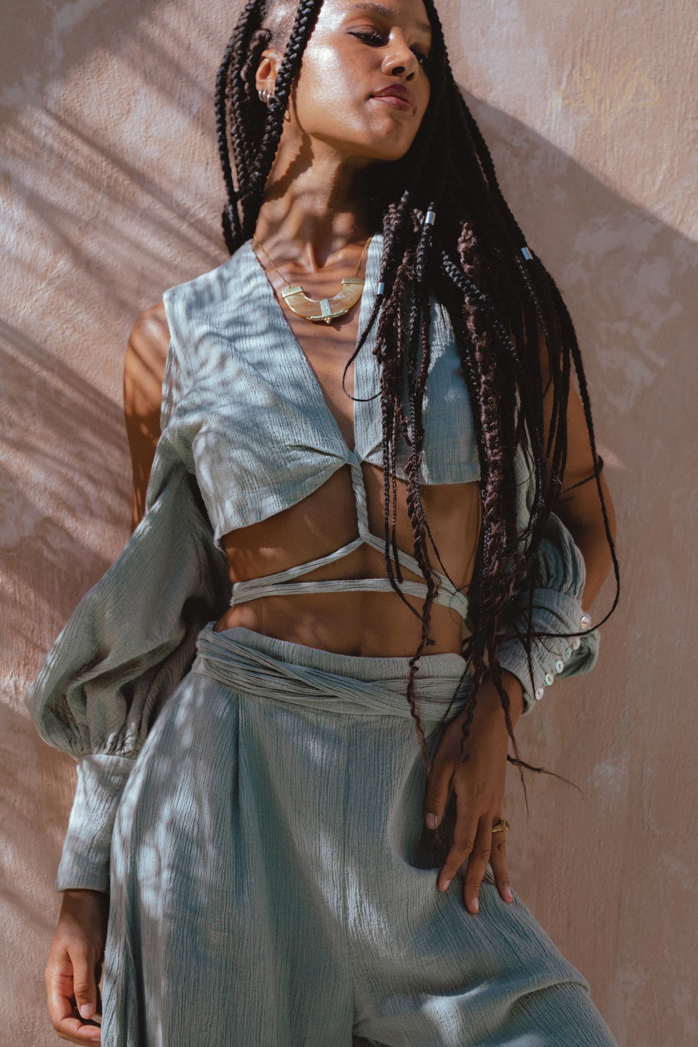 Dusty Blue Ambrosia Set Top & Trousers • Organic Set for Women • Boho Crop Top and Pants - AYA SW IDR