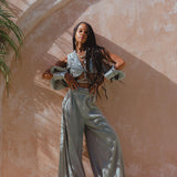 Dusty Blue Ambrosia Set Top & Trousers • Organic Set for Women • Boho Crop Top and Pants - AYA SW IDR