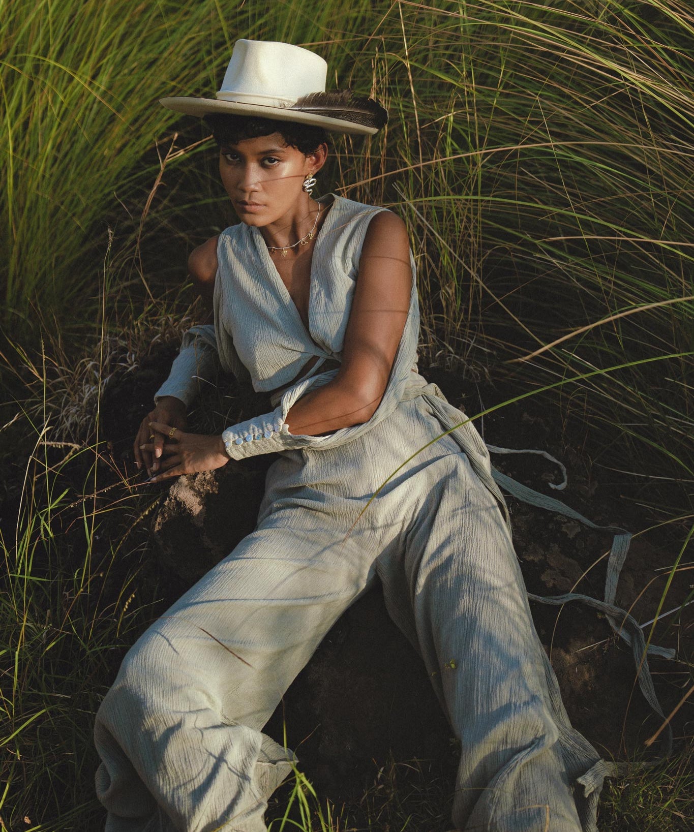 Dusty Blue Ambrosia Set Top & Trousers • Organic Set for Women • Boho Crop Top and Pants - AYA SW IDR