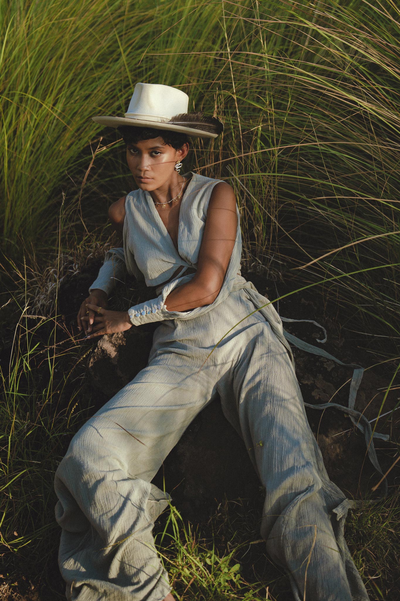 Dusty Blue Ambrosia Set Top & Trousers • Organic Set for Women • Boho Crop Top and Pants - AYA SW IDR