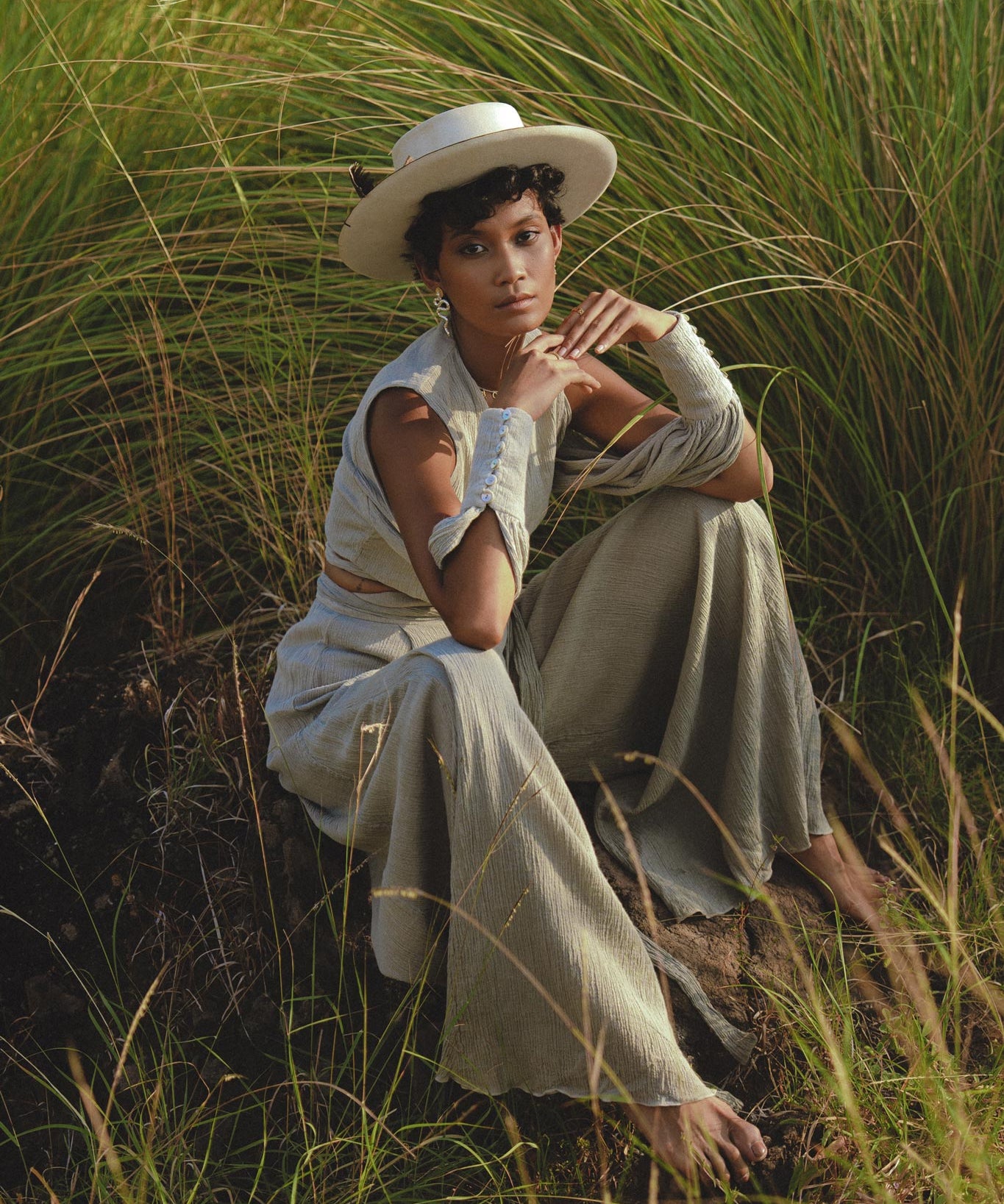 Dusty Blue Ambrosia Set Top & Trousers • Organic Set for Women • Boho Crop Top and Pants - AYA SW IDR