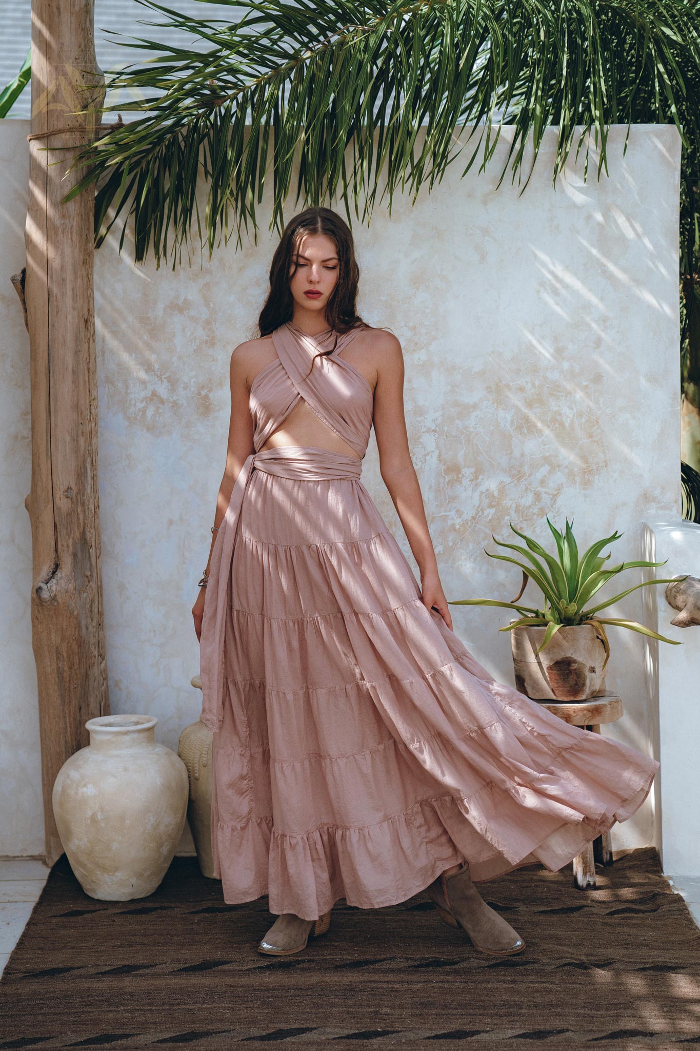 Dusty Pink Bohemian Adjustable Dress • Boho Evening Open Back Belly Dress - AYA SW IDR