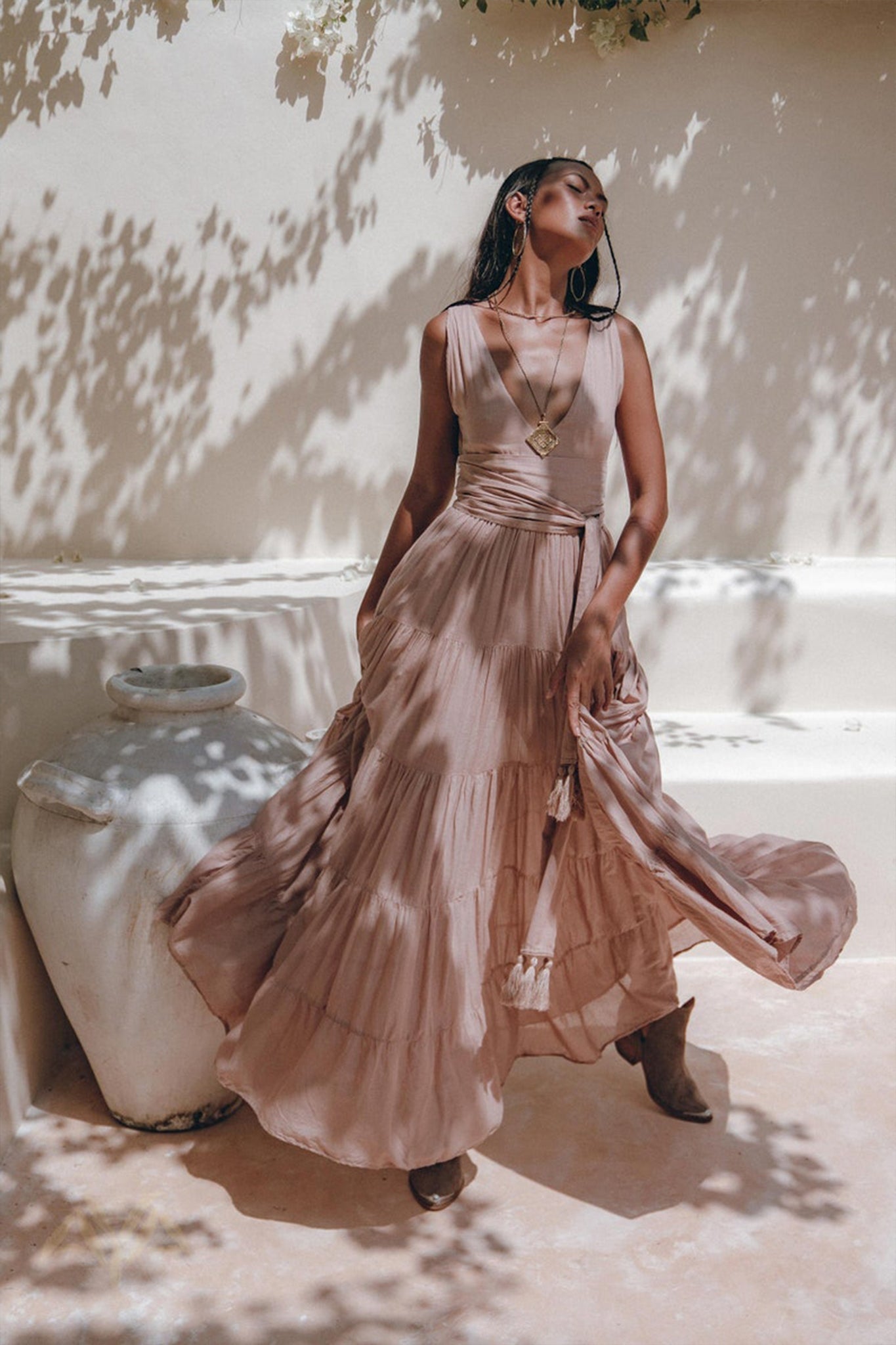 Dusty Pink Bohemian Dress • Boho Maternity Dress • A Line Belted Dress - AYA SW IDR
