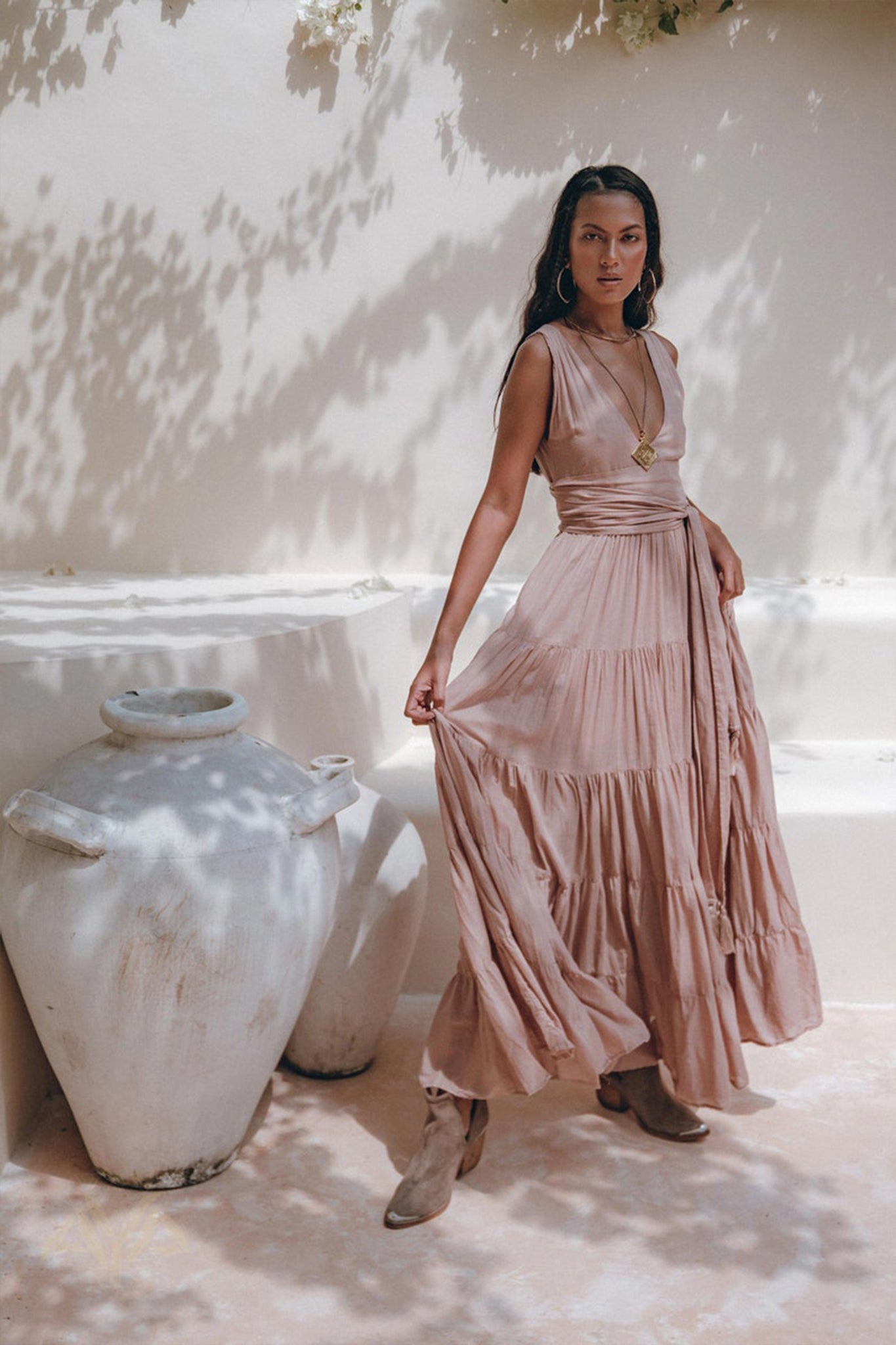 Dusty Pink Bohemian Dress • Boho Maternity Dress • A Line Belted Dress - AYA SW IDR