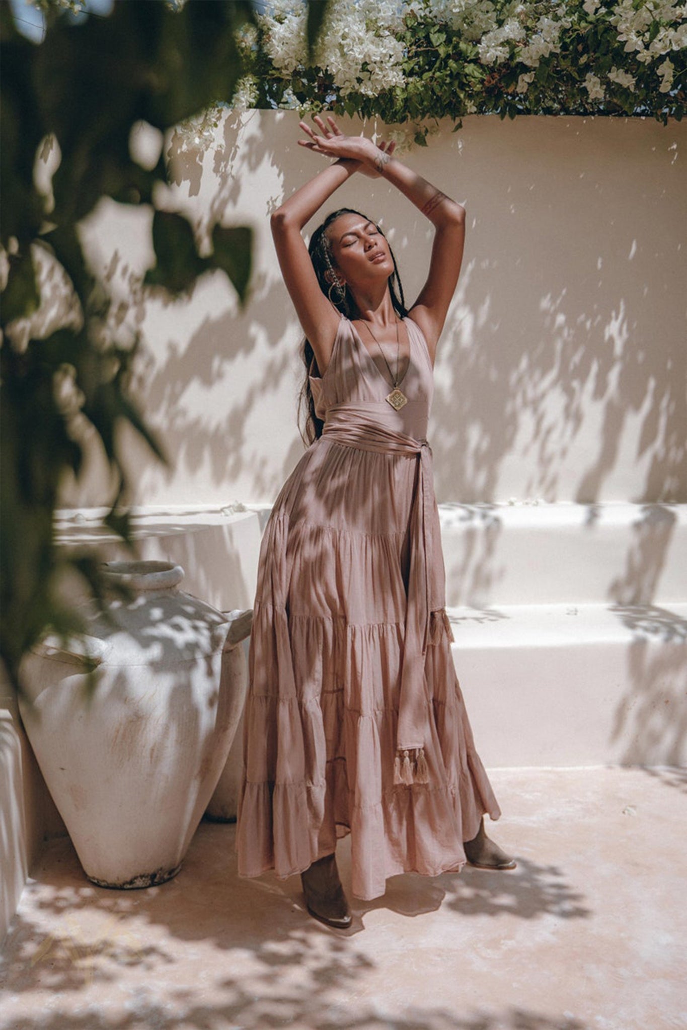 Dusty Pink Bohemian Dress • Boho Maternity Dress • A Line Belted Dress - AYA SW IDR