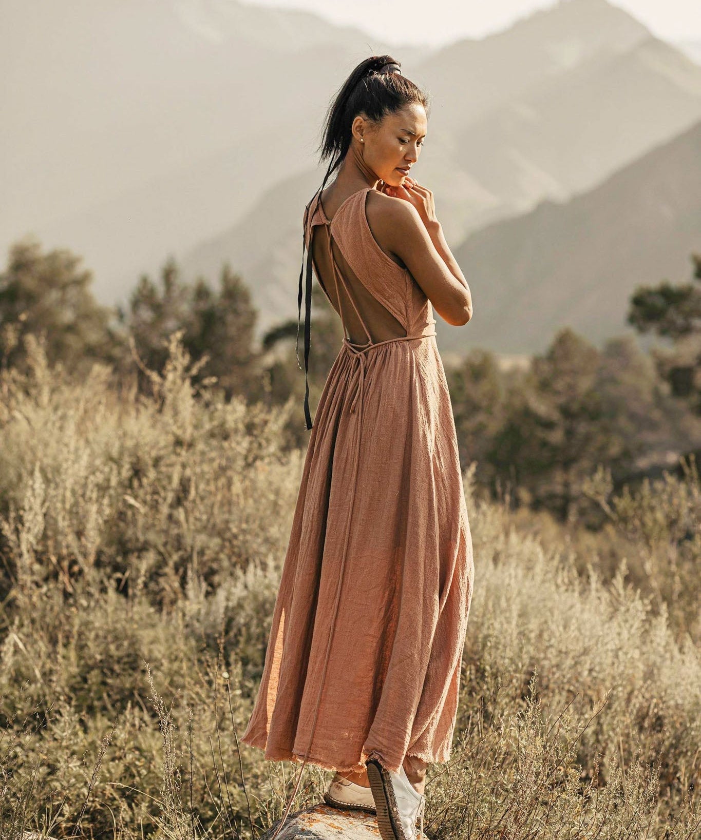 Dusty Pink Boho Bridesmaid Dress • Open Back Elegant Dress - AYA SW IDR